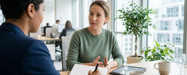 Deux personnes en consultation professionnelle dans un bureau lumineux, l'une prend des notes sur un document
