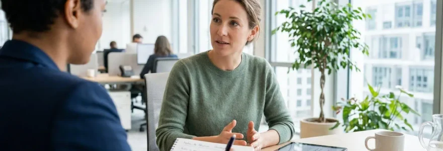 Deux personnes en consultation professionnelle dans un bureau lumineux, l'une prend des notes sur un document