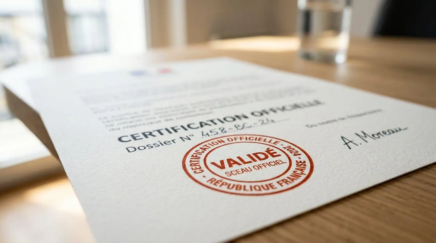 Gros plan sur un document officiel avec tampon de certification, posé sur un bureau contemporain