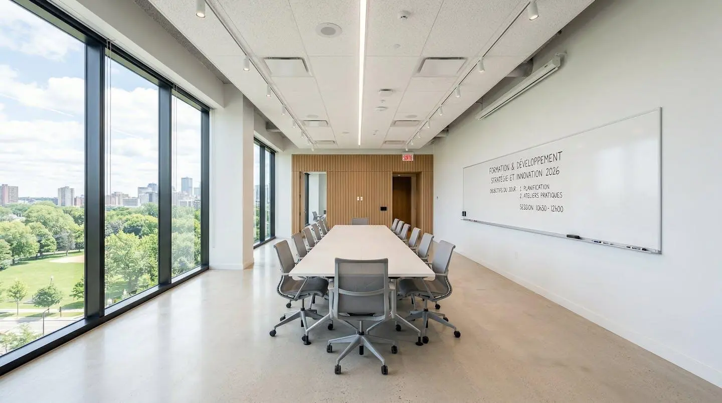 Salle de formation moderne et lumineuse avec chaises vides et tableau blanc au mur
